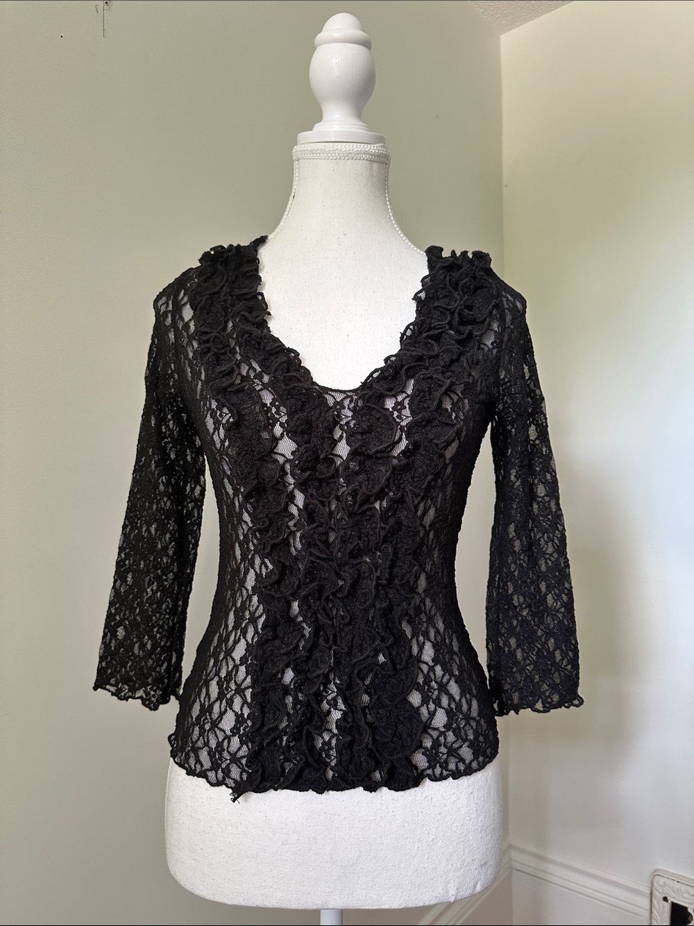 SIRENS Vintage Black Lace Ruffle Whimsigoth Vamp Sheer 3/4 Sleeve Blouse Large
